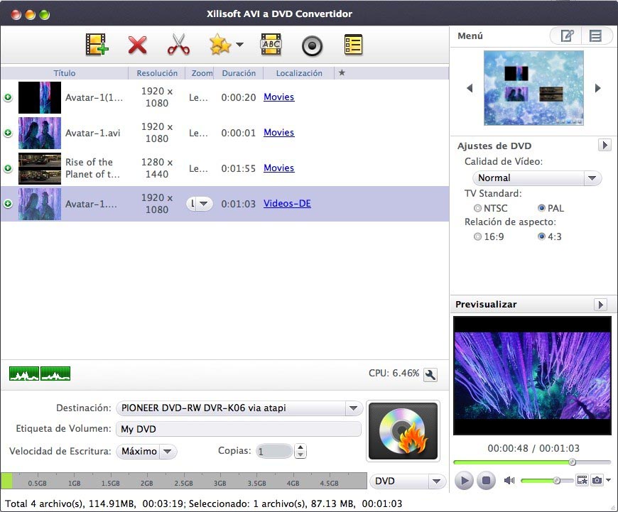 AVI a DVD Convertidor Mac - Screenshot