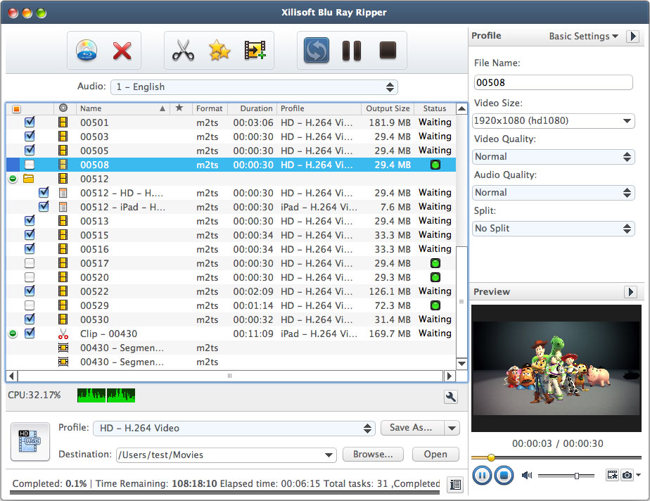 Xilisoft Blu-Ray Ripper para Mac - Screenshot