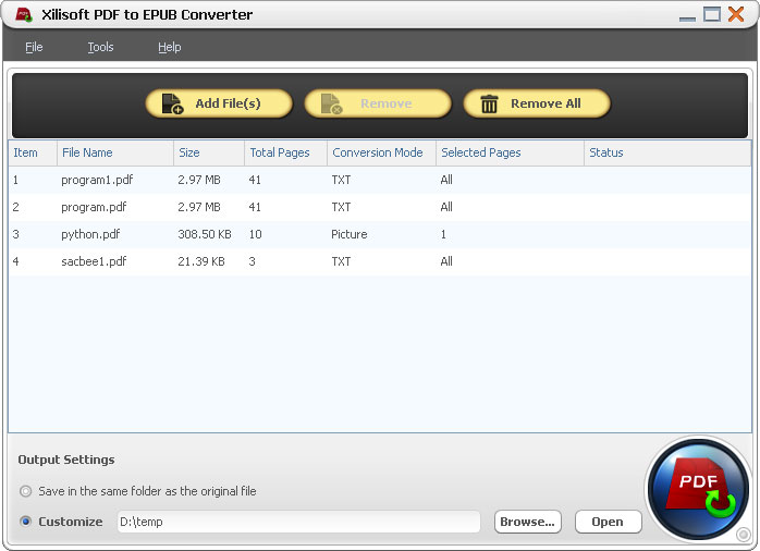 Xilisoft Convertidor de PDF a EPUB - Screenshot